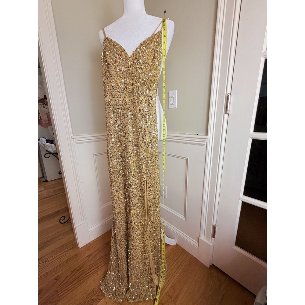 Mac Duggal Gold Sequin High Slit Formal Gown US Size 2
